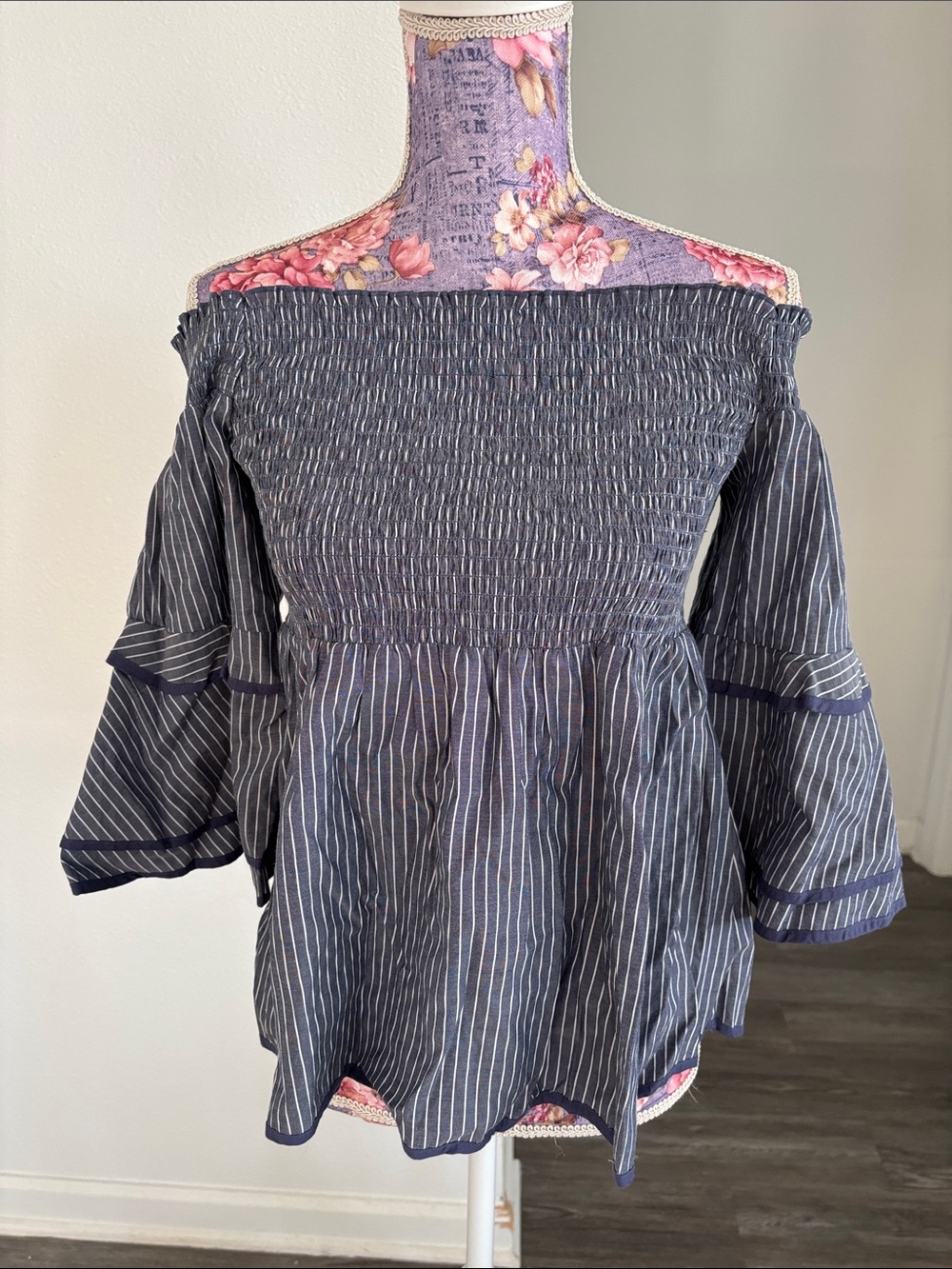American Eagle outfitters Off-Shoulder Smocked Stripe Peasant Top - Navy